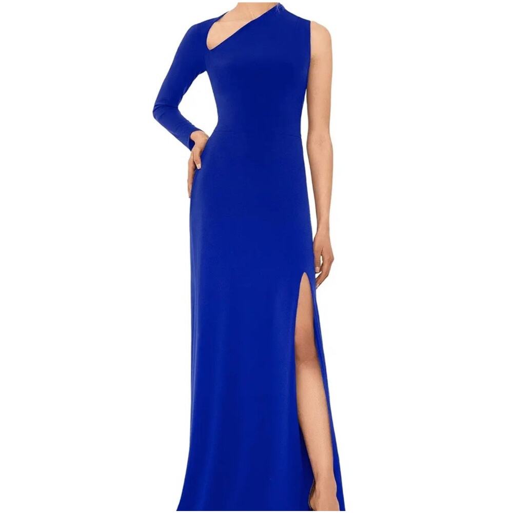 NWT Besty & Adam Dress Full Length Maxi One Shoulder Long Sleeve Blue Size 2